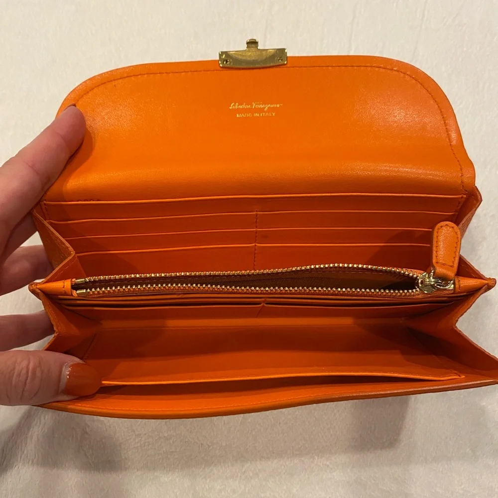 Ferragamo Orange Leather Continental Wallet with Gold Clasp